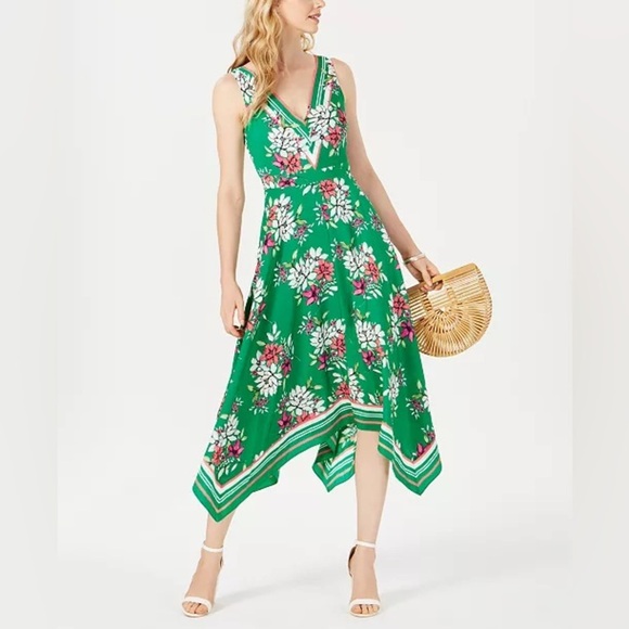 VINCE CAMUTO Floral Handkerchief Hem A Line Midi Dress 8 Green Pink Sleeveless - Picture 1 of 8